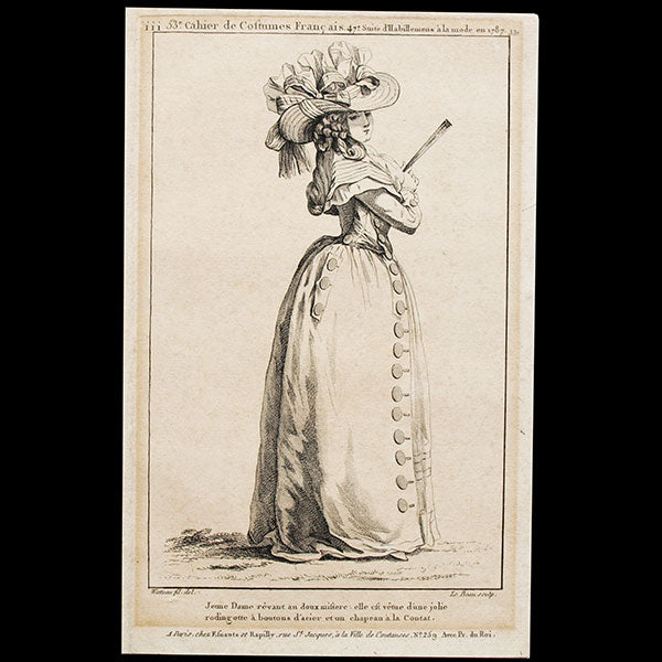 Gallerie des Modes et Costumes Français, 1778-1787, gravure n° iii 331, Jeune Dame rêvant au doux mystère par Watteau (1787)