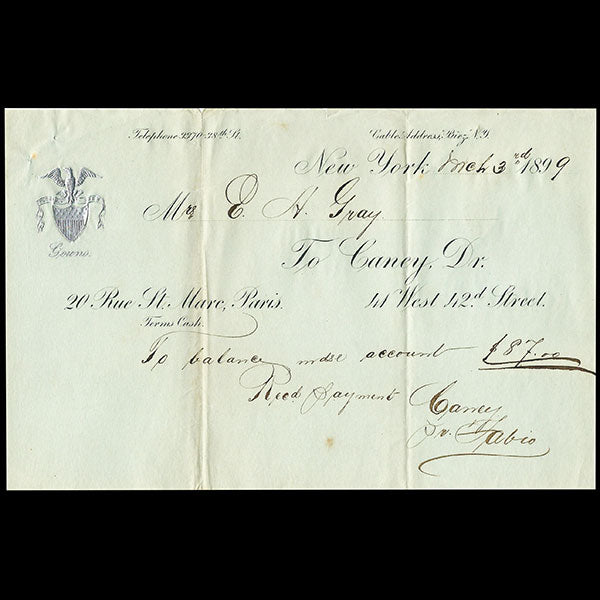 Caney Dr. - Facture de Caney Dr. 41 West 42nd Street à New York (1899)