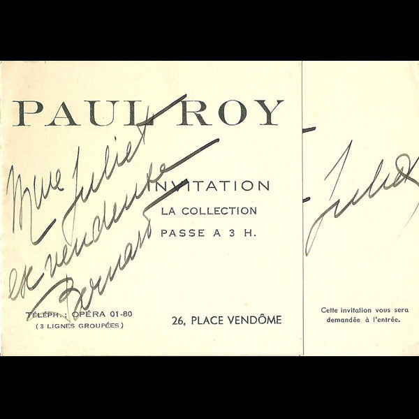 Carton d'invitation de la maison Paul Roy, 26 place Vendôme à Paris (circa 1937-1940)