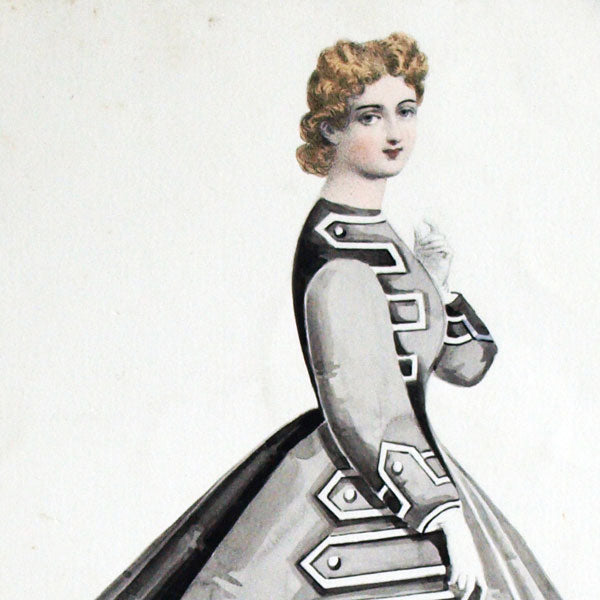 Projets de robes, ensemble de 6 dessins à l'aquarelle d'un dessinateur en costumes et robes (circa 1860-1870)