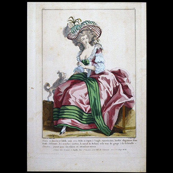 Gallerie des Modes et Costumes Français, 1778-1787, gravure n° vv 254, Dame en sincère et fidèle amie par Watteau (1784)