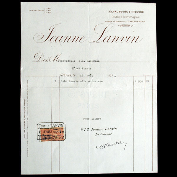 Facture de la maison Jeanne Lanvin, 22 faubourg Saint-Honoré (1921)
