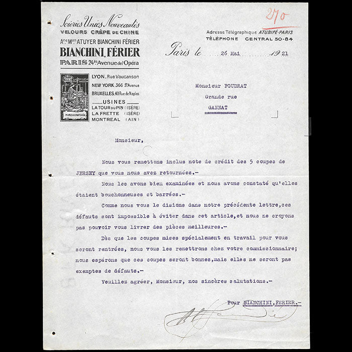 Bianchini Ferier - Correspondance du fabricant de tissus, 24 avenue de l'Opéra à Paris (1921)