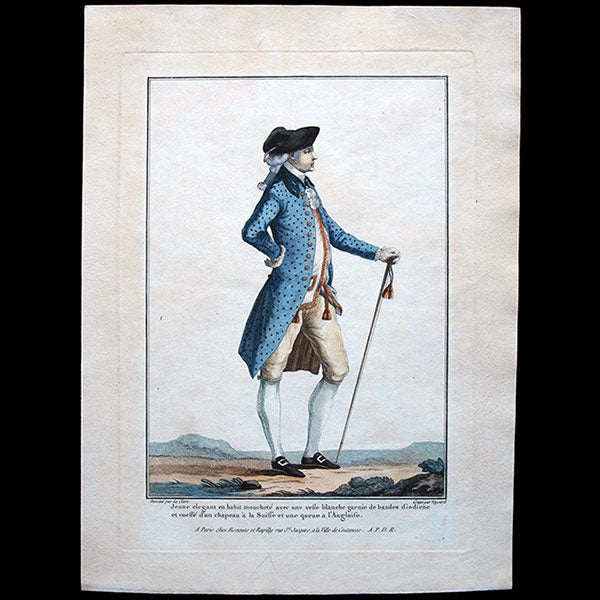 Gallerie des Modes et Costumes Français, 1778-1787, gravure n° J 52, Jeune élégant par Leclerc (1778)