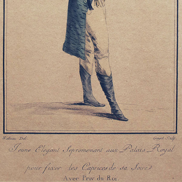 Cris et Costumes de Paris, gravure n°4, Jeune Elegant se promenant aux Palais Royal pour fixer les Caprices de sa Soirée par Watteau en 1786, copie postérieure du XIXème siècle