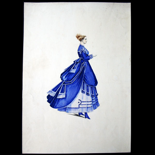 Projets de robes, ensemble de 7 dessins à l'aquarelle d'un dessinateur en costumes et robes (circa 1860-1870)