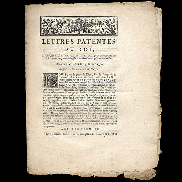 Lettres patentes du Roi relatives à la mention de la taille des étoffes (1772)