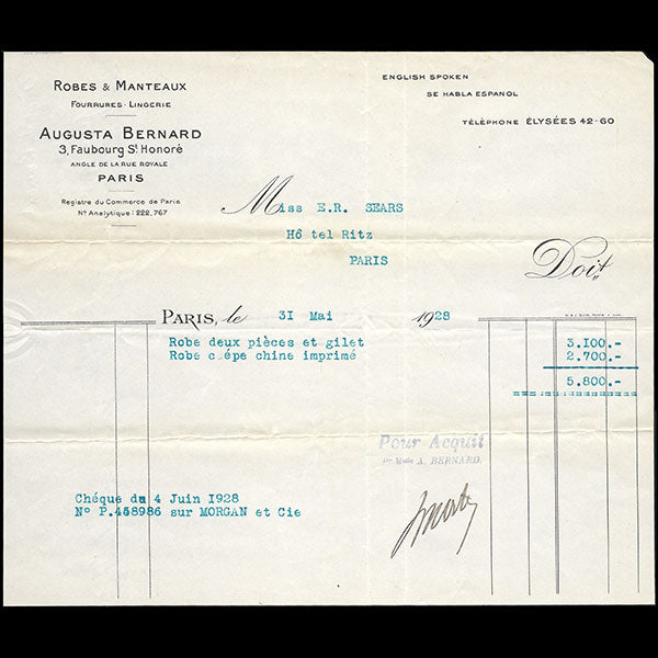 AugustaBernard - Facture de la maison de couture, 3 Faubourg Saint-Honoré à Paris (1928)