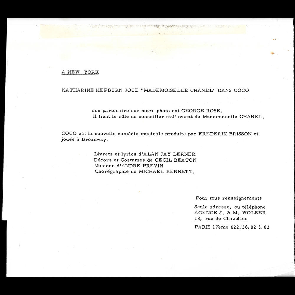 Chanel - Katharine Hepburn dans Coco, deux photographies (1969)