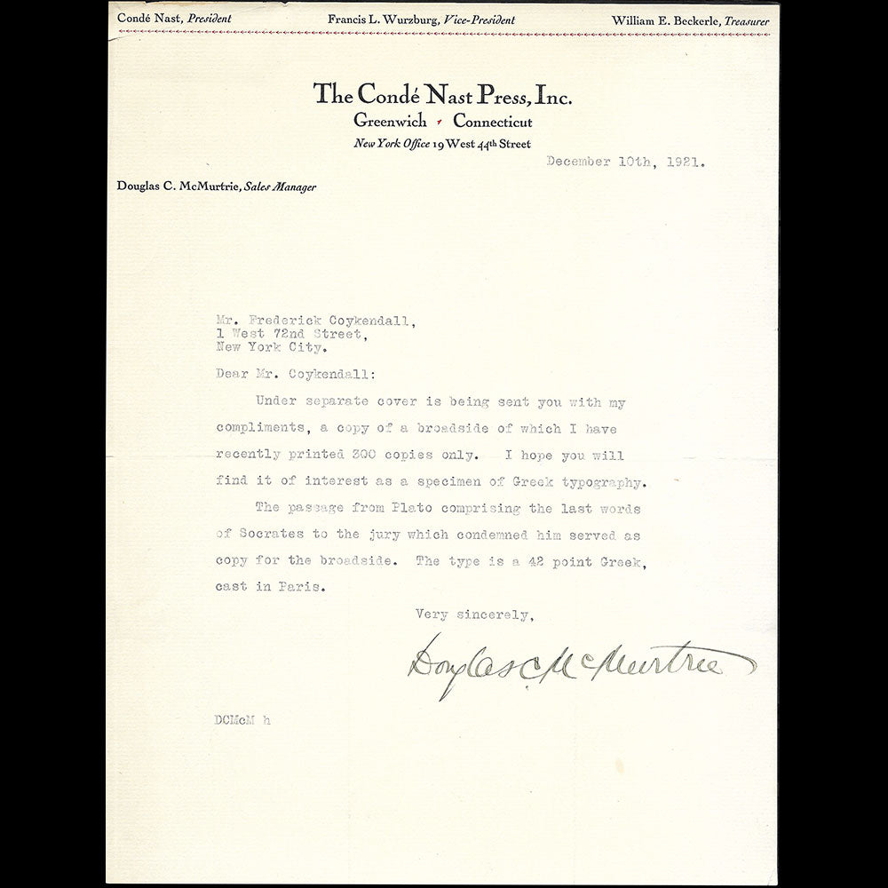 The Condé Nast Press - Lettre de Douglas McMurtrie (1921)