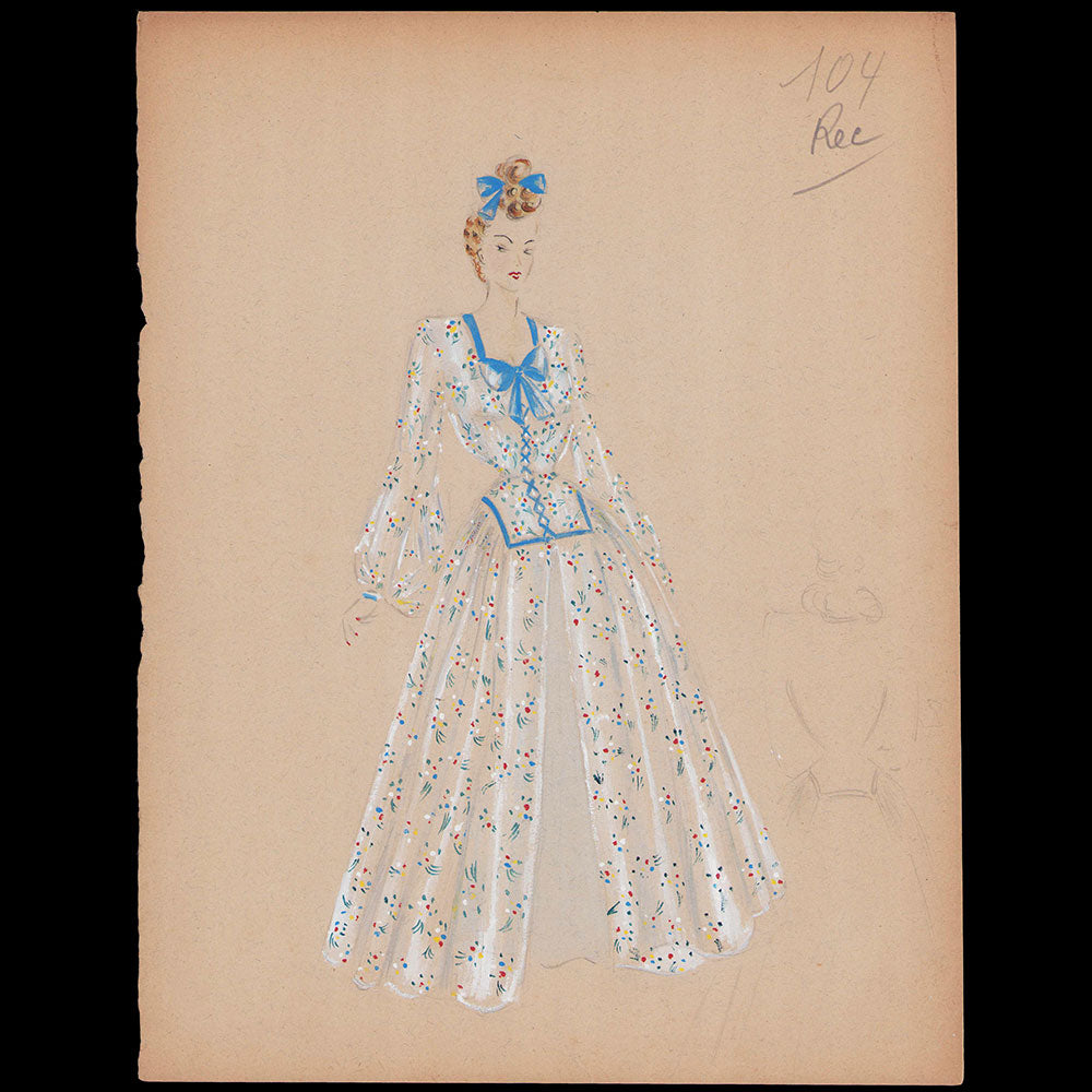 Croquis de mode - Robe à fleurs (1940s)