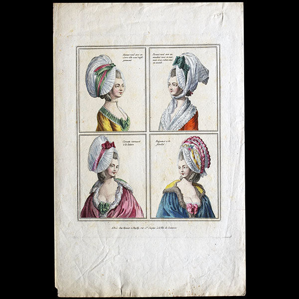 Gallerie des Modes et Costumes Français, 1778-1787, gravure n° B 10, Bonnet rond avec un serre-tête (1778)