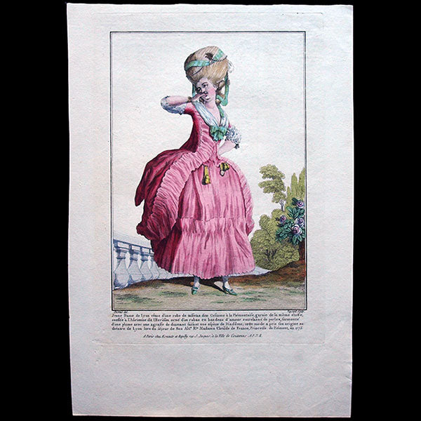 Gallerie des Modes et Costumes Français, 1778-1787, gravure n° N 77, Jeune Dame de Lyon (1778)