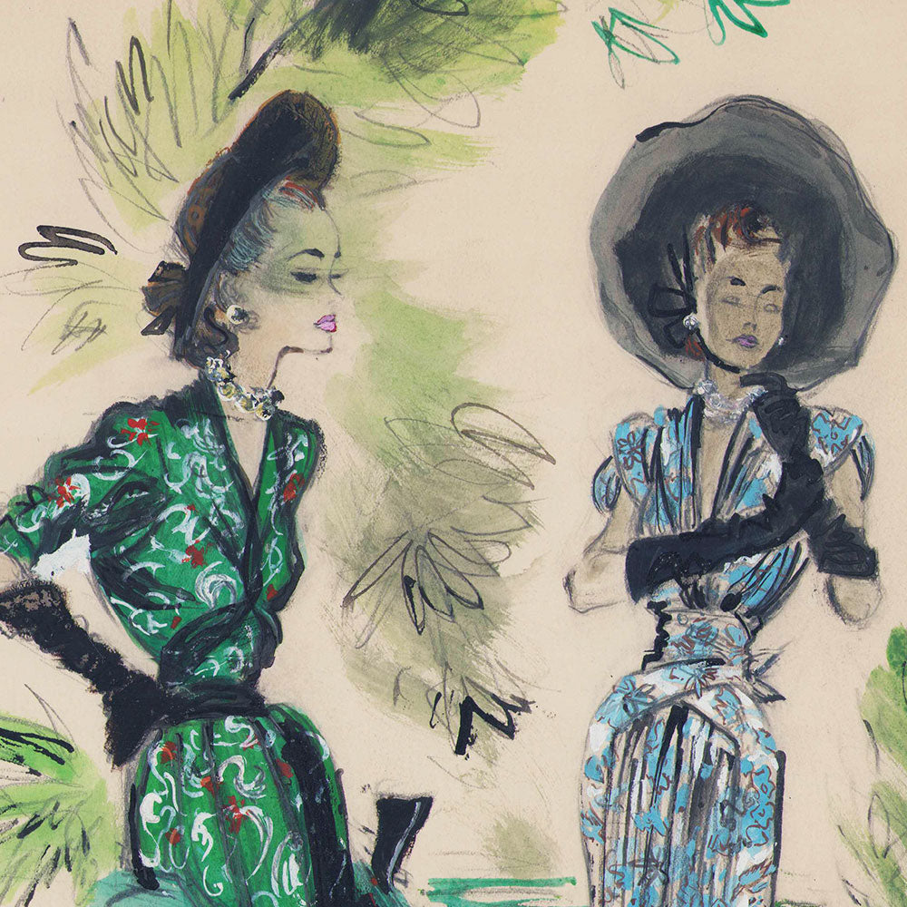 Jacques Demachy - Robes de Jeanne Lanvin et Robert Piguet, dessin pour la Femme Chic (1946)