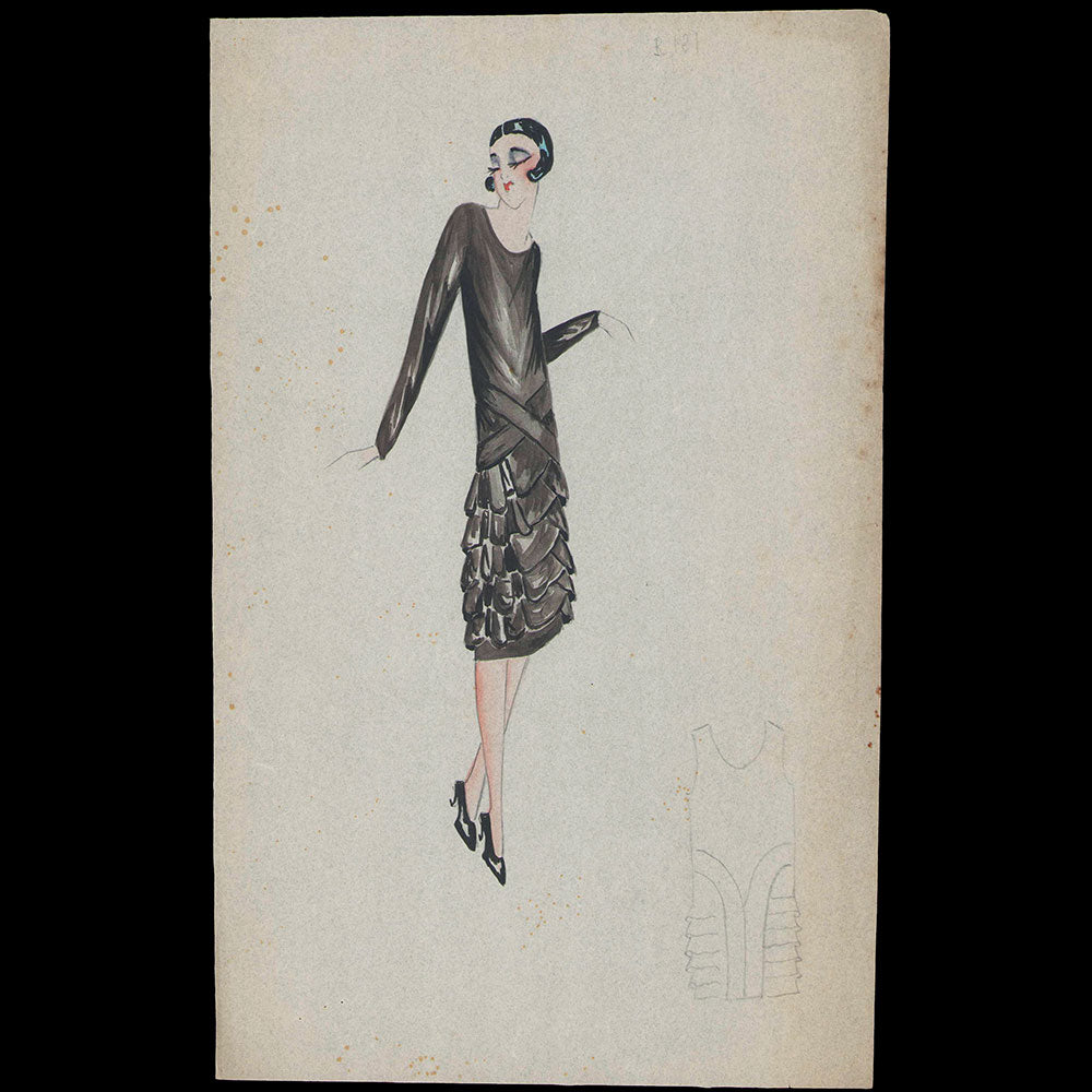 Fashion drawing of evening dress from a Paris Couture House (c. 1925-1930)