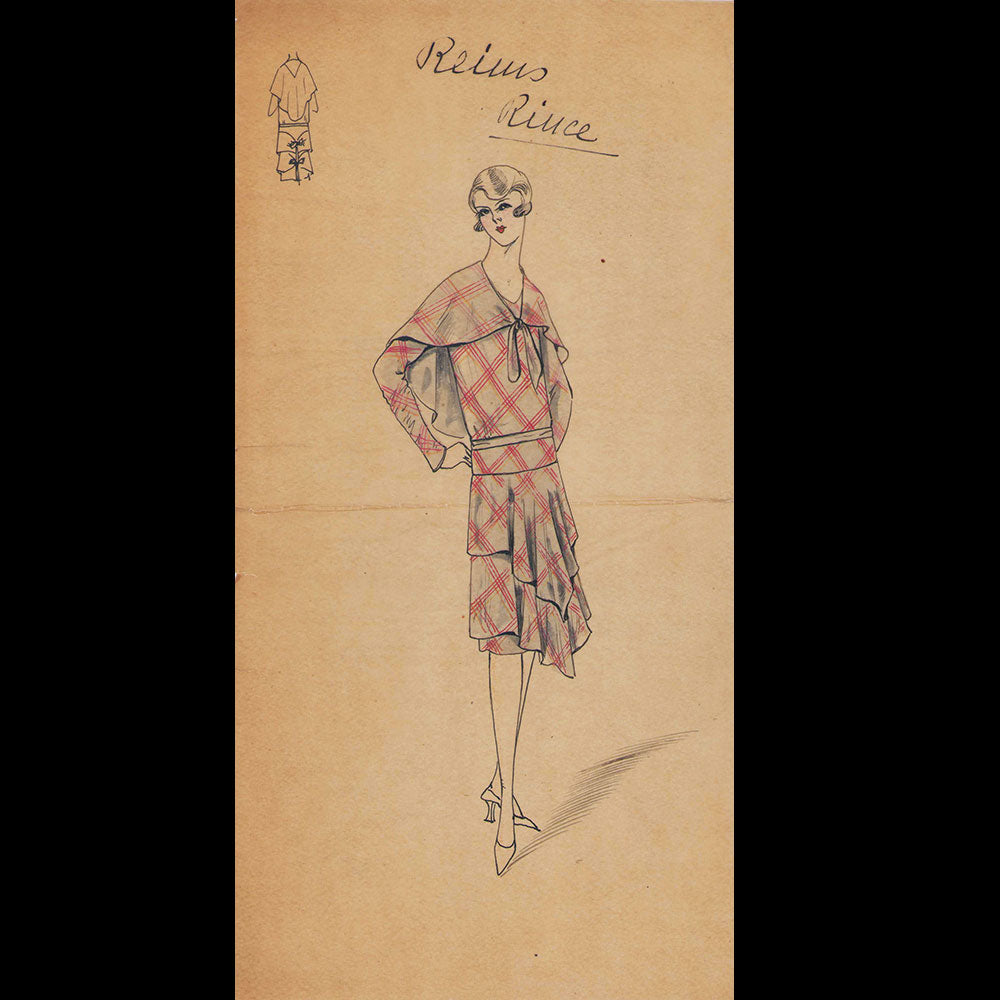 Set of 9 fashion drawings from Parisian couture houses (c.1930)