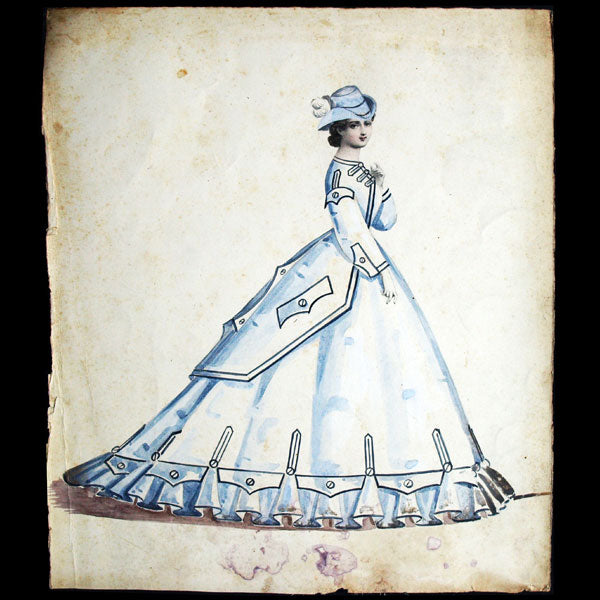 Projets de robes, ensemble de 6 dessins à l'aquarelle d'un dessinateur en costumes et robes (circa 1860-1870)