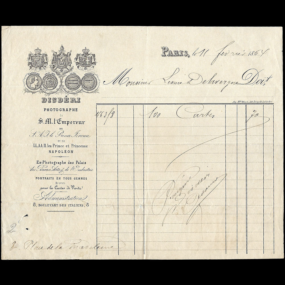 Disderi - Facture du photographe de l'empereur, 8 boulevart des Italiens à Paris (1864)