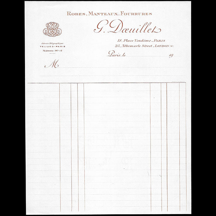 Doeuillet - Facture de la maison de couture, 18 place Vendôme à Paris (circa 1900s)