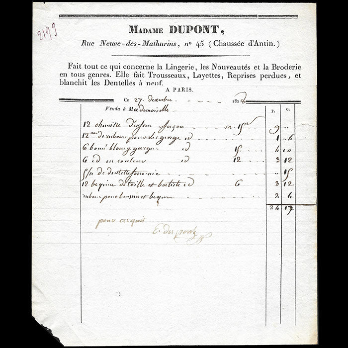 Madame Dupont - Facture du magasin de lingerie et broderie, Rue Neuve-des-Mathurins à Paris (1828)