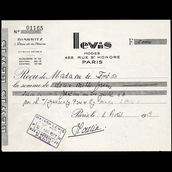 Lewis - Reçu de la maison de chapeaux, 7 place de la mairie à Biarritz (1931)