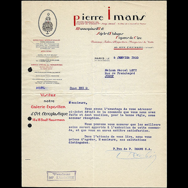 Pierre Imans - Facture, 10 rue Crussol à Paris (1931)