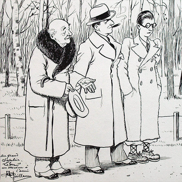 Albert Guillaume - Les trois âges du chapeau, dessin avec envoi au chapelier Léon (1933)