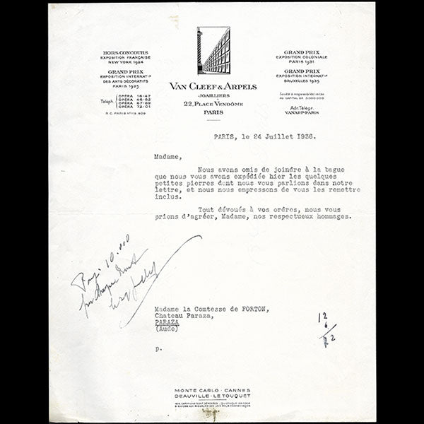 Van Cleef & Arpels - Correspondance des joailliers, 22 place Vendôme à Paris (1936)