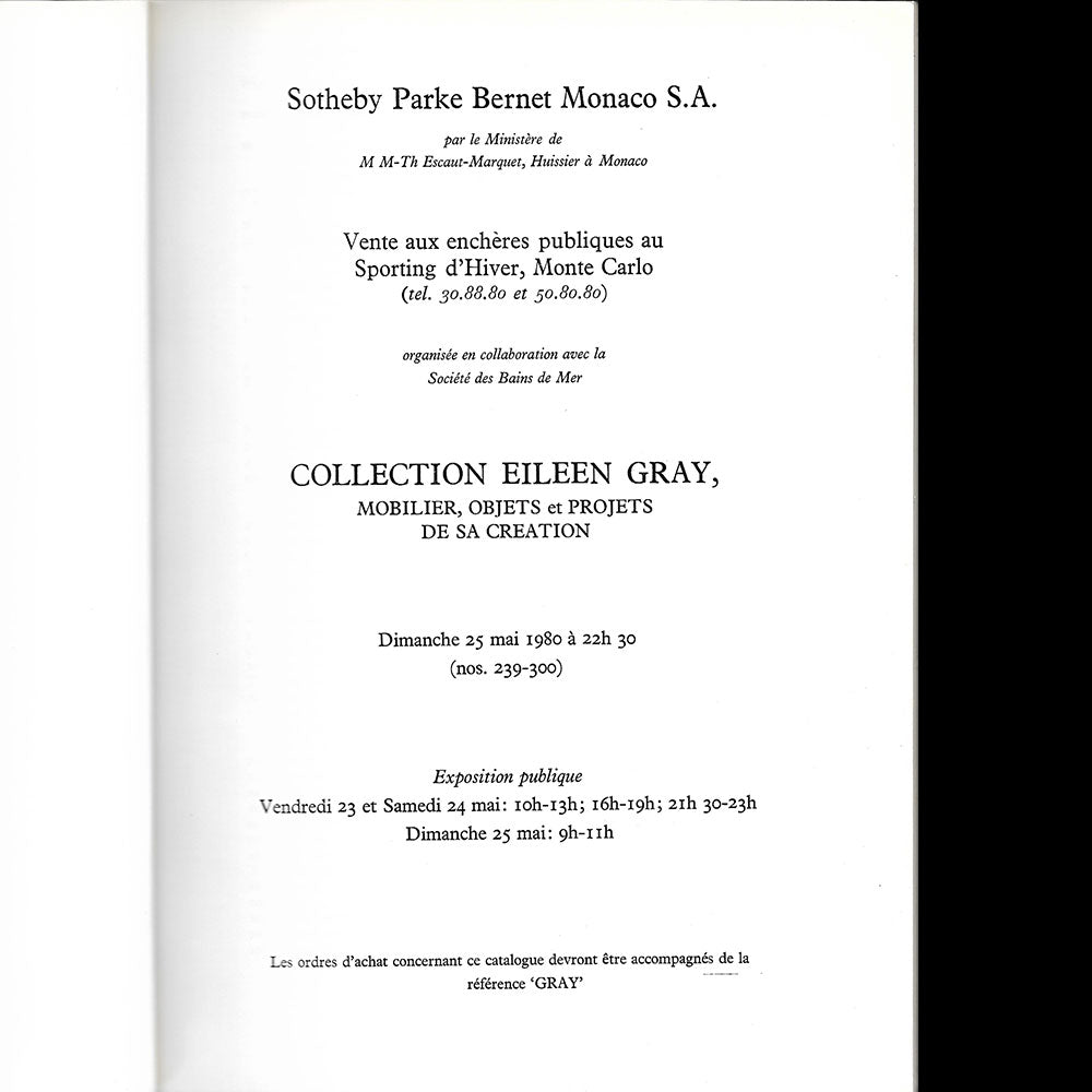 Eileen Gray - Collection Eileen Gray, catalogue Sotheby Parke Bennett Monaco (1980)