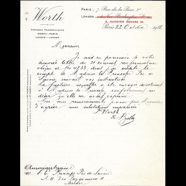 Worth - Courrier relatif à une facture de la Princesse de Savoie, 7 rue de la Paix, Paris (1912)