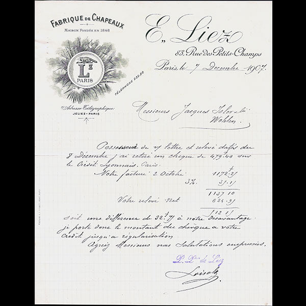Facture de la fabrique de chapeaux Emile Liez, 83 rue des Petits-Champs à Paris (1907)