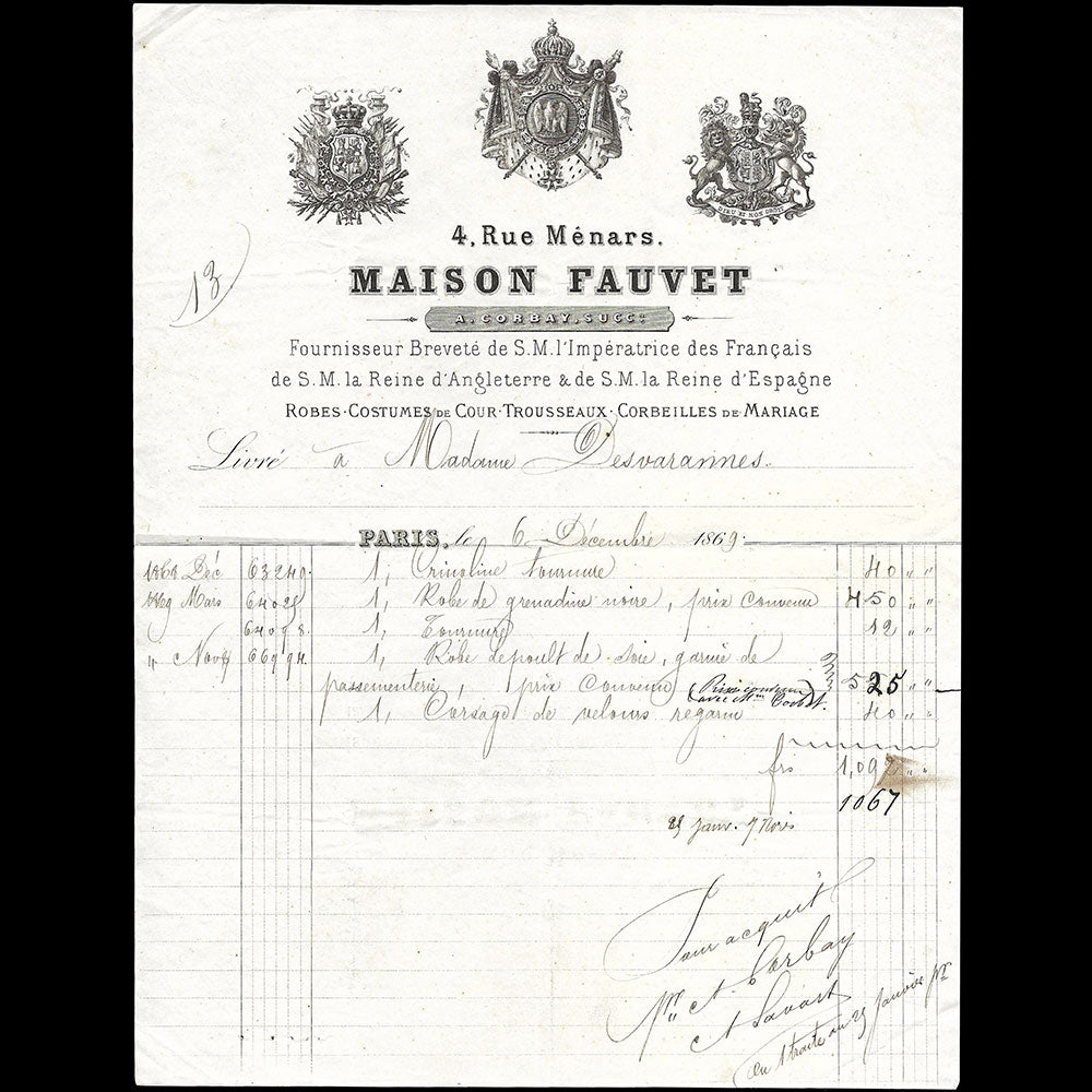 Fauvet - Facture de la maison de couture, robes, costumes de cour, trousseaux, corbeilles de mariage, 4 rue Menars à Paris (1869)