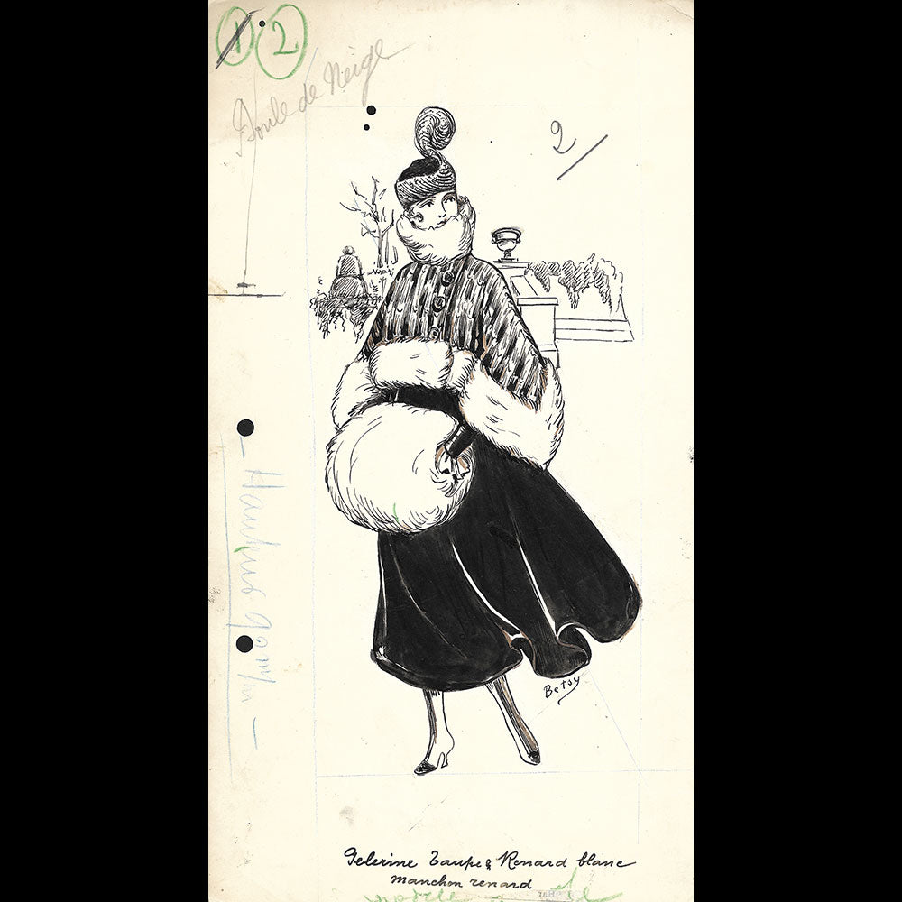 Fourrures Max - Réunion de 13 dessins de manteaux de fourrure par Betsy (circa 1915-1920)