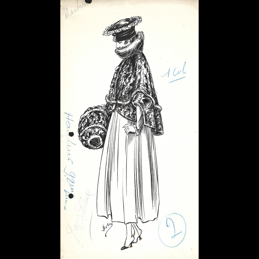 Fourrures Max - Réunion de 13 dessins de manteaux de fourrure par Betsy (circa 1915-1920)