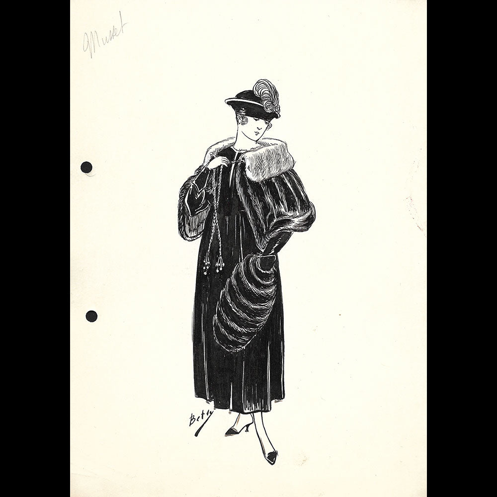 Fourrures Max - Réunion de 13 dessins de manteaux de fourrure par Betsy (circa 1915-1920)