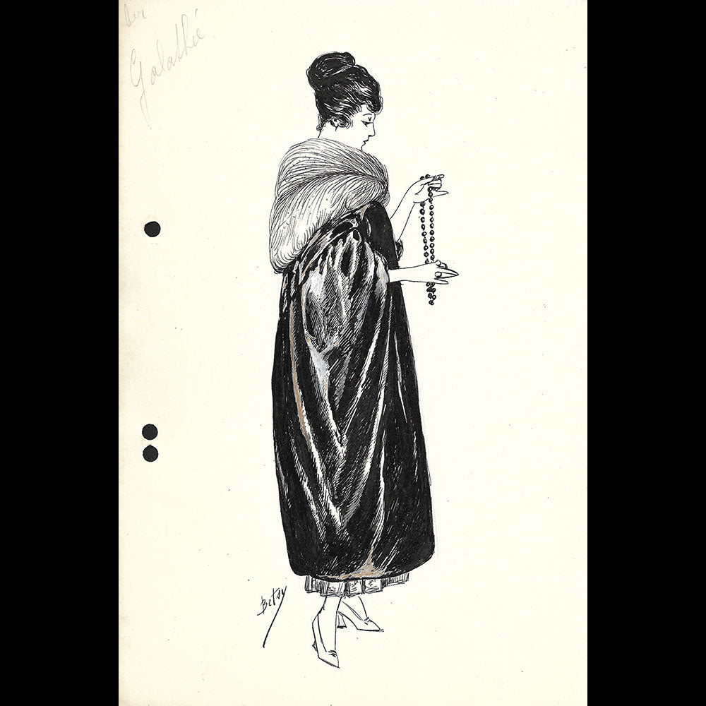Fourrures Max - Réunion de 14 dessins de manteaux de fourrure par Betsy (circa 1915-1920)