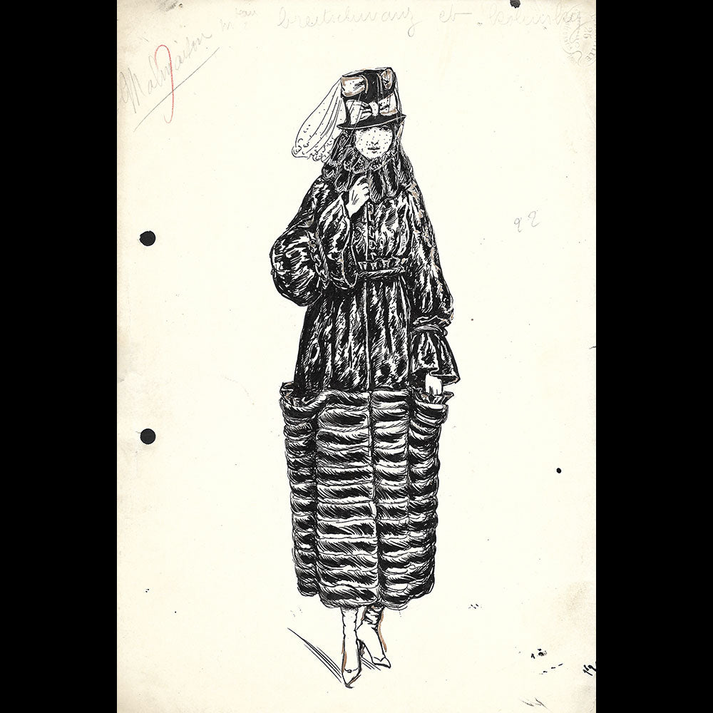 Fourrures Max - Réunion de 14 dessins de manteaux de fourrure par Betsy (circa 1915-1920)