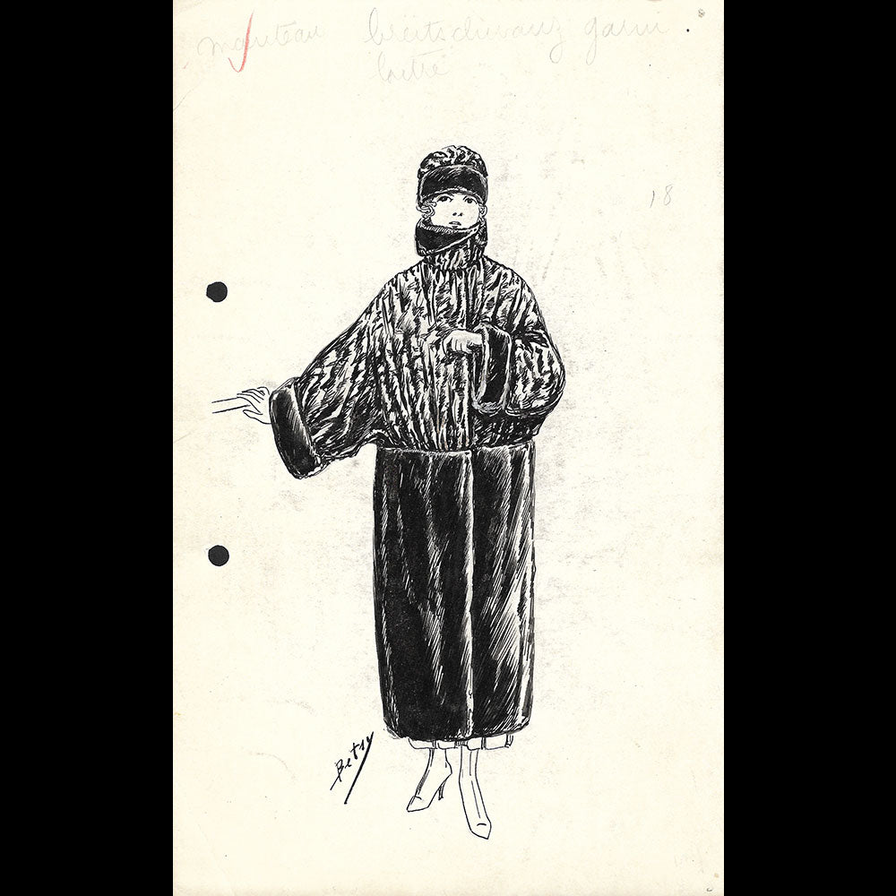 Fourrures Max - Réunion de 14 dessins de manteaux de fourrure par Betsy (circa 1915-1920)