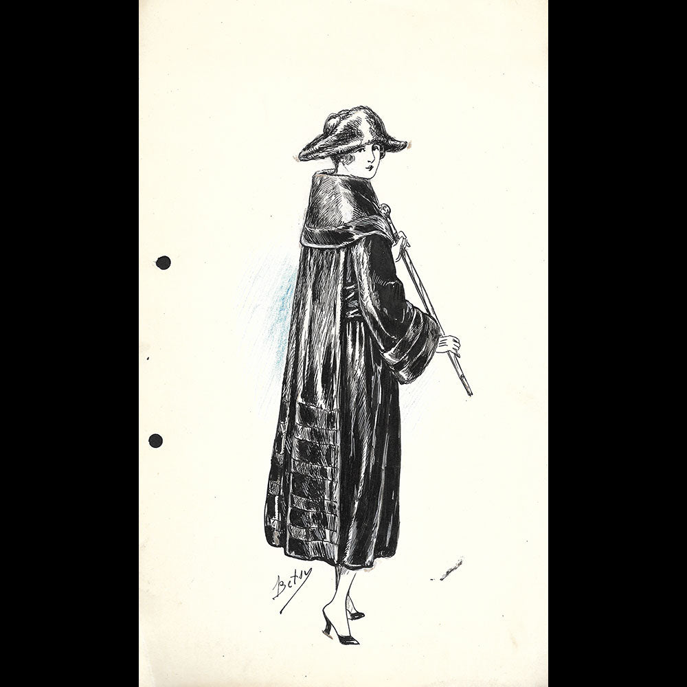 Fourrures Max - Réunion de 14 dessins de manteaux de fourrure par Betsy (circa 1915-1920)