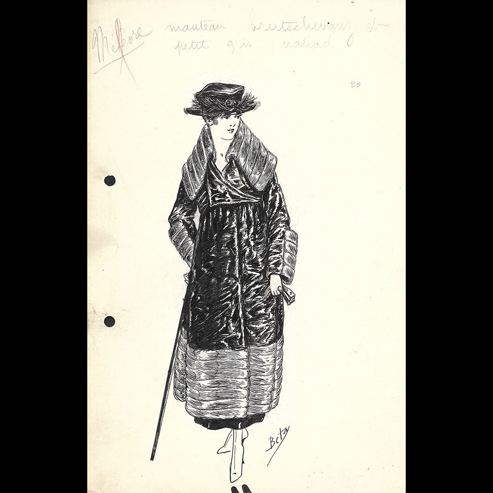 Fourrures Max - Réunion de 14 dessins de manteaux de fourrure par Betsy (circa 1915-1920)