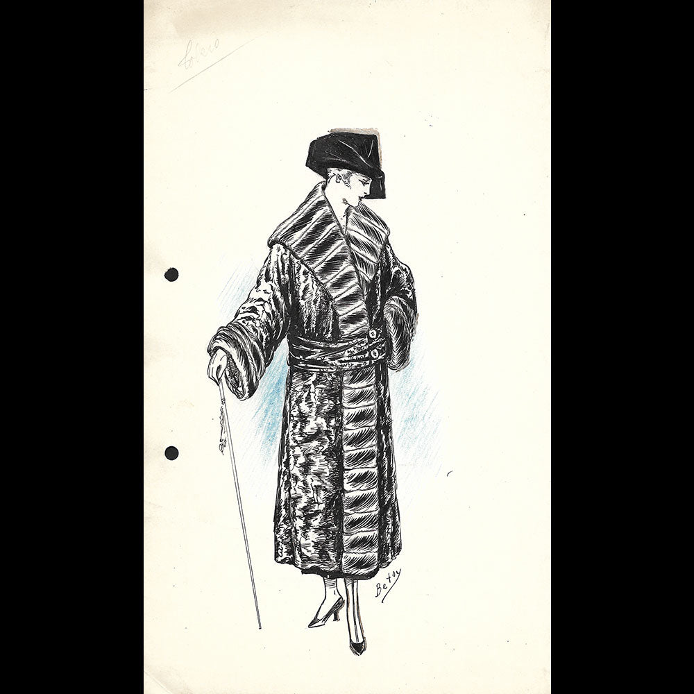 Fourrures Max - Réunion de 14 dessins de manteaux de fourrure par Betsy (circa 1915-1920)