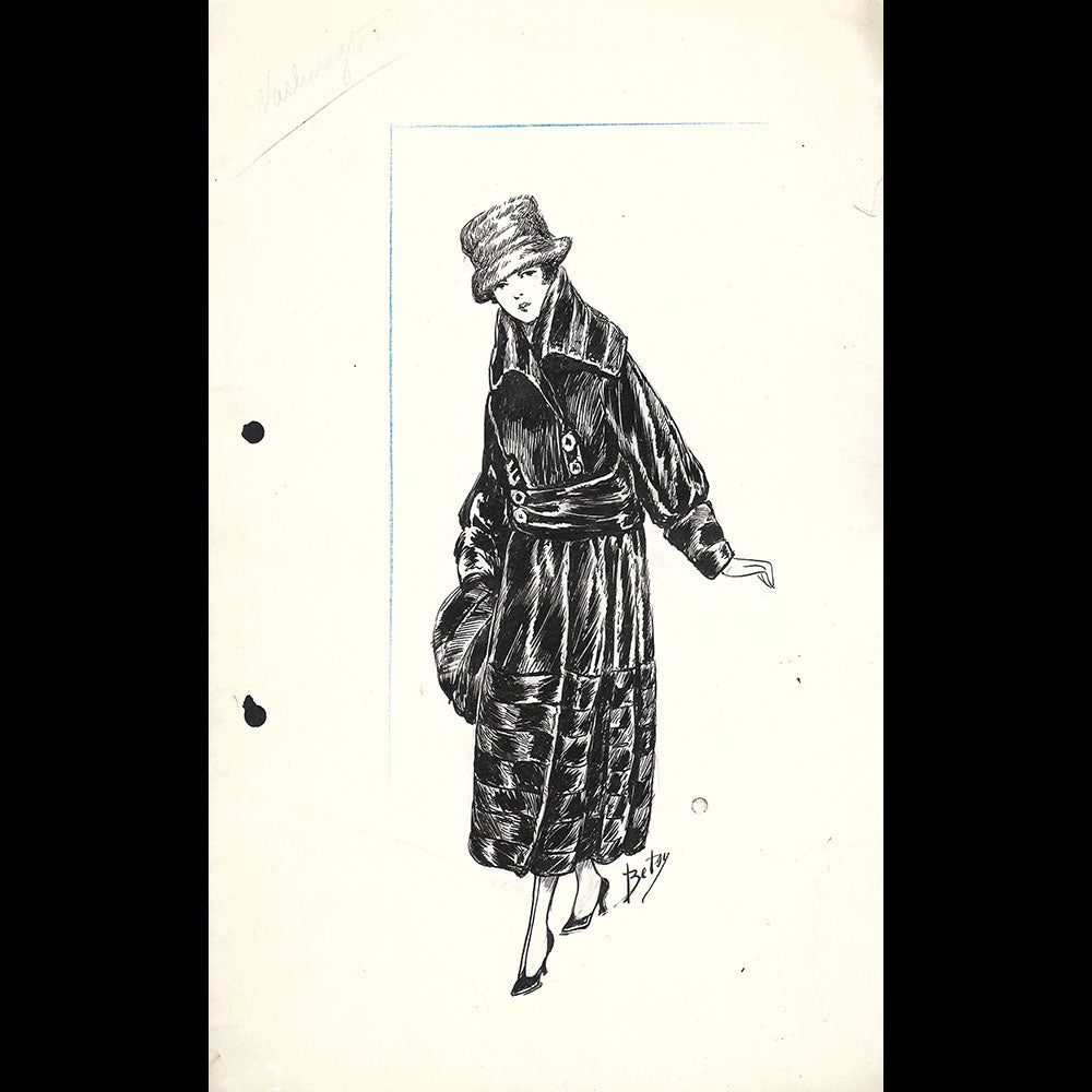 Fourrures Max - Réunion de 14 dessins de manteaux de fourrure par Betsy (circa 1915-1920)