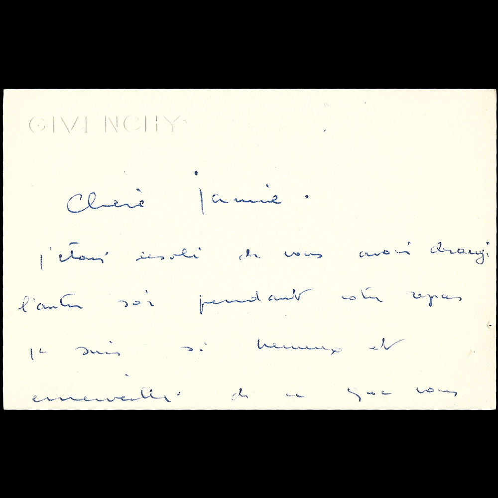 Givenchy - Carte autographe signée adressée à Janine Janet (circa 1950s)