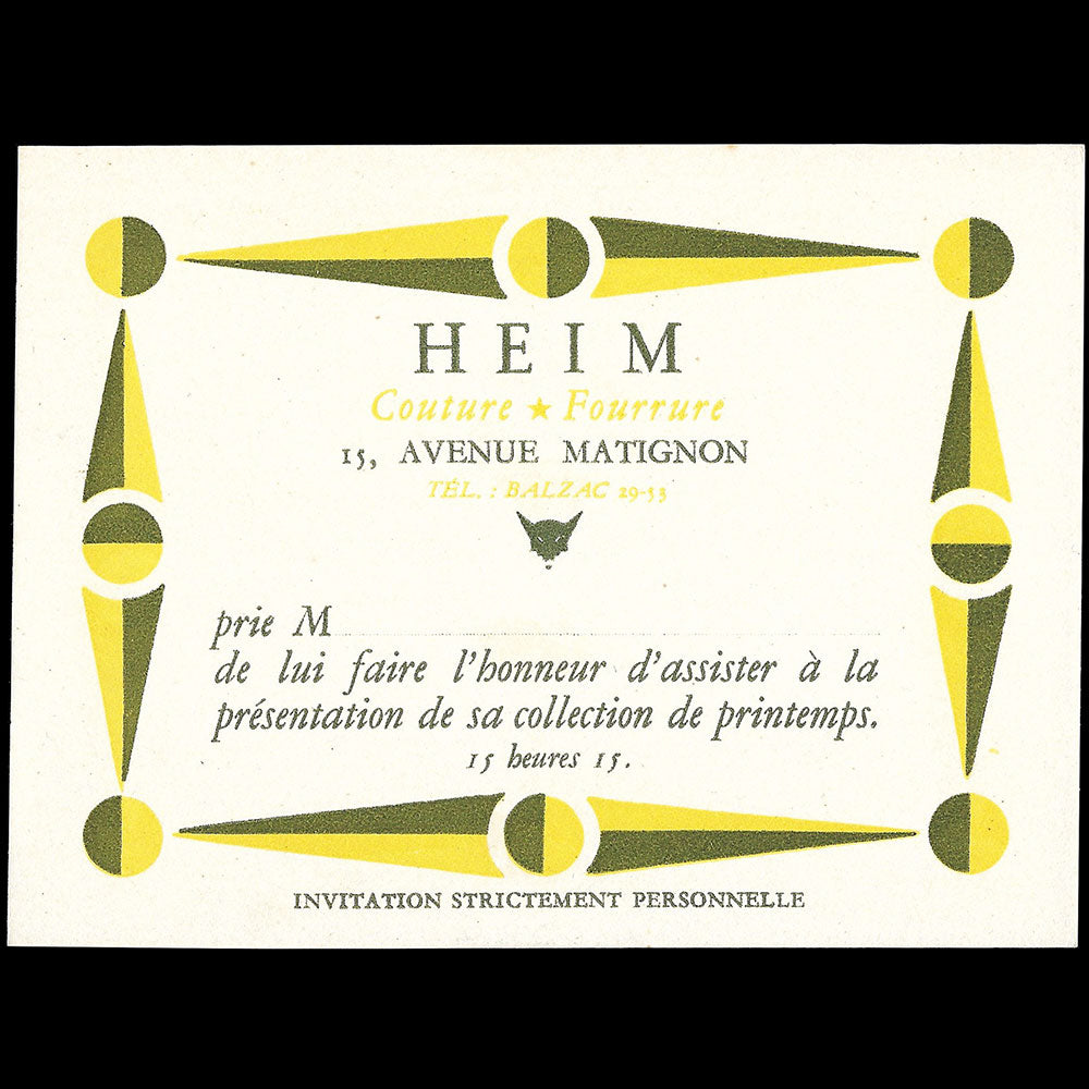 Heim - Printemps, Carte de la maison Heim, Couture - Fourrure, 15 avenue Matignon à Paris (circa 1940s)