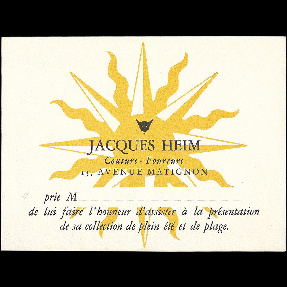 Heim - Eté, Carte de la maison Heim, Couture - Fourrure, 15 avenue Matignon à Paris (circa 1940s)