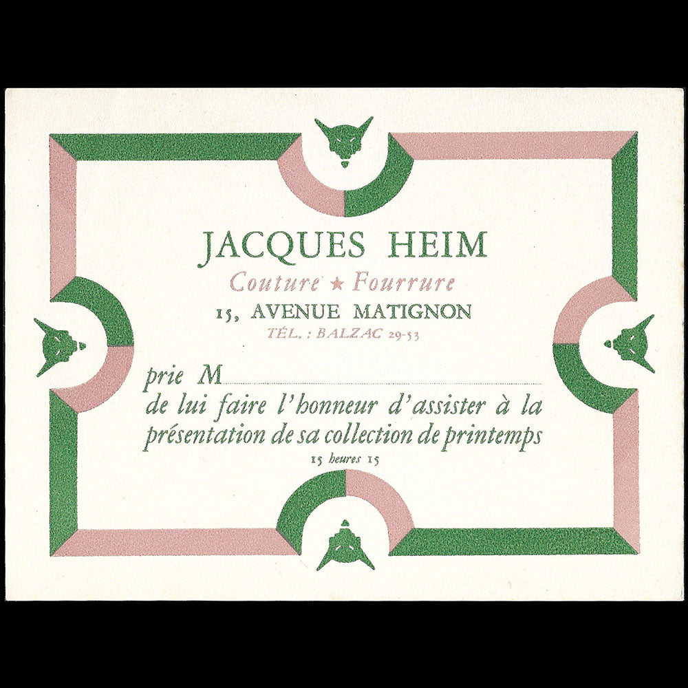Heim - Printemps, Carte de la maison Heim, Couture - Fourrure, 15 avenue Matignon à Paris (circa 1940s)