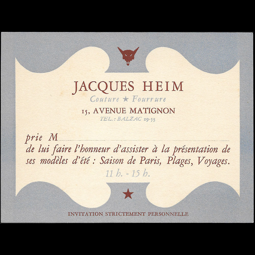 Heim - Eté, Carte de la maison Heim, Couture - Fourrure, 15 avenue Matignon à Paris (circa 1940-1945)