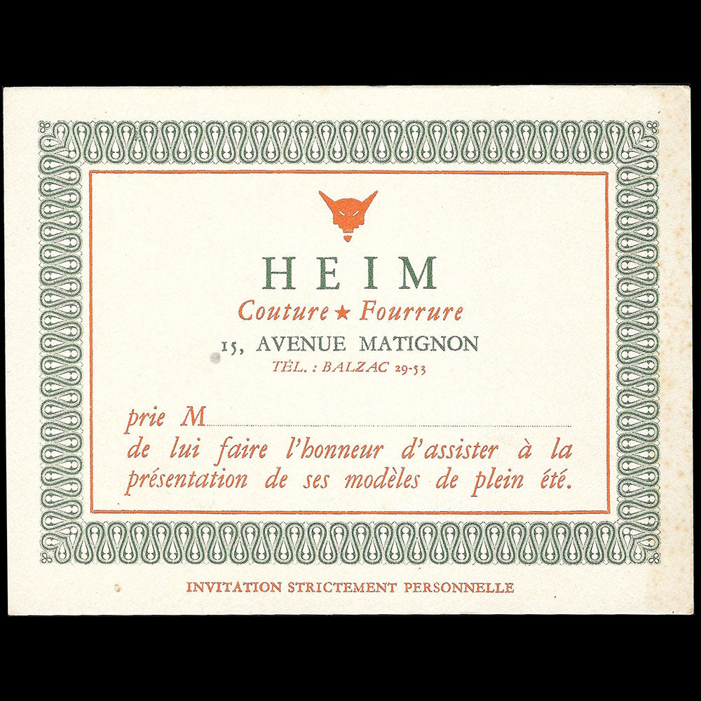 Heim - Eté, Carte de la maison Heim, Couture - Fourrure, 15 avenue Matignon à Paris (circa 1940s)