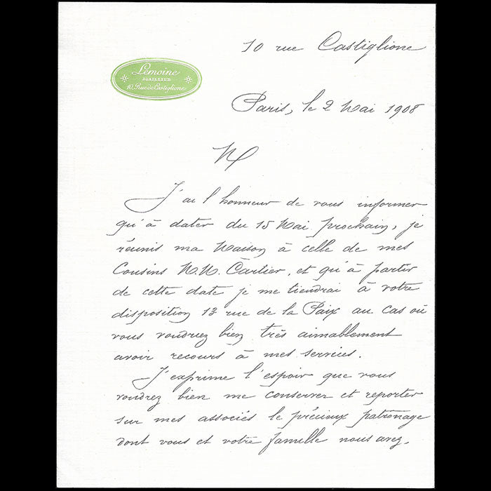 Cartier - Annonce du joaillier Lemoine de son association avec Cartier (1908)