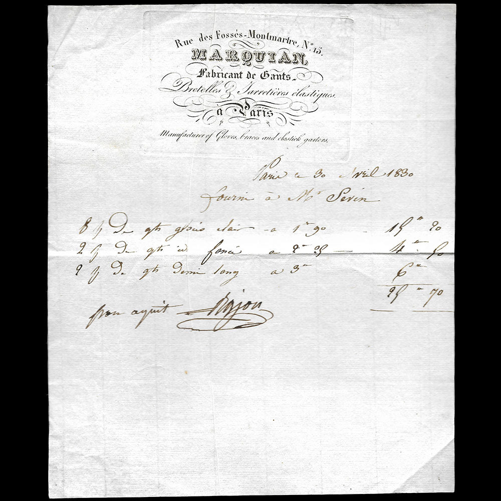 Marquian - Facture de la maison de gants, rue des Fossés Montmartre à Paris (1830)